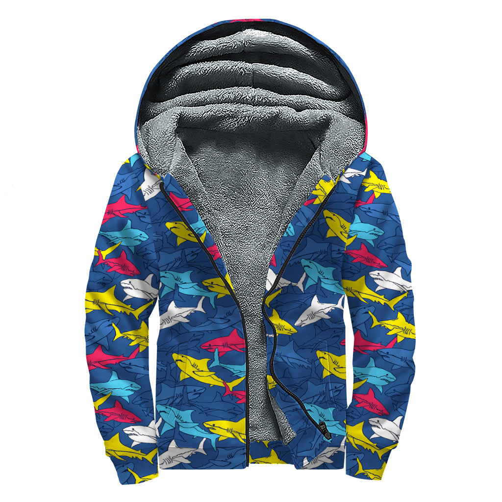 Doodle Shark Pattern Print Sherpa Lined Zip Up Hoodie