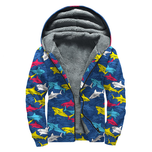 Doodle Shark Pattern Print Sherpa Lined Zip Up Hoodie