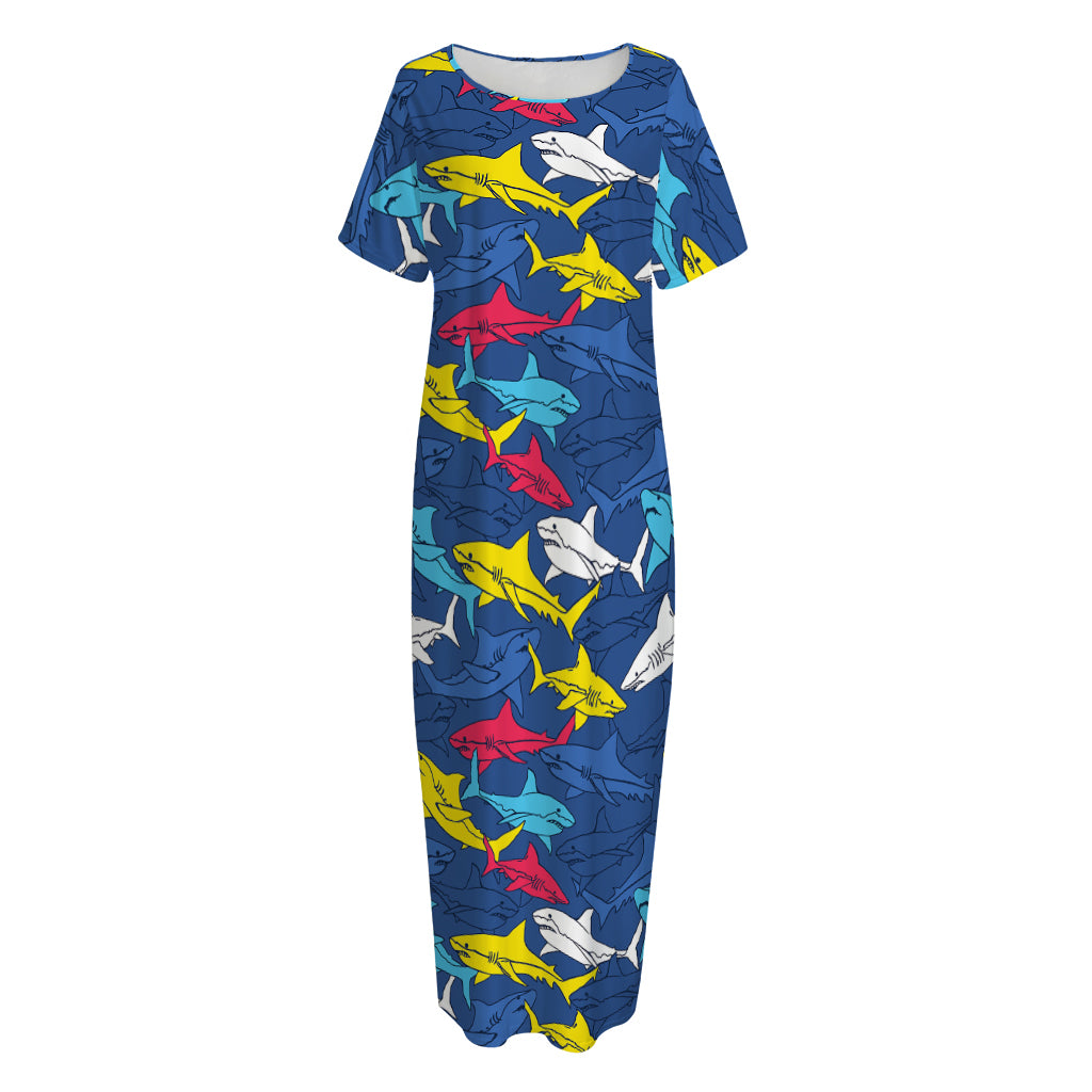 Doodle Shark Pattern Print Short Sleeve Long Nightdress