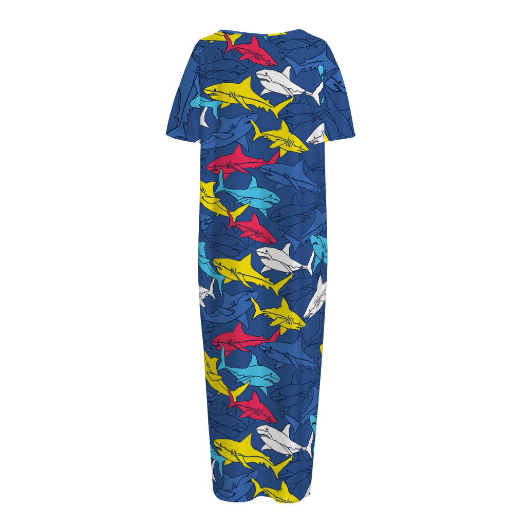 Doodle Shark Pattern Print Short Sleeve Long Nightdress