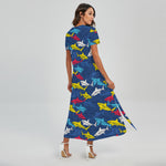 Doodle Shark Pattern Print Short Sleeve Maxi Dress