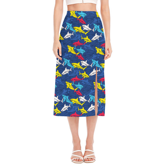 Doodle Shark Pattern Print Side Slit Midi Skirt
