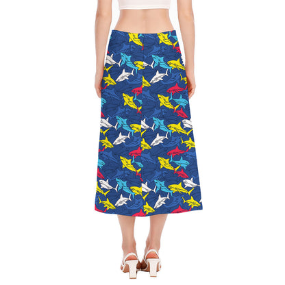 Doodle Shark Pattern Print Side Slit Midi Skirt