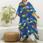 Doodle Shark Pattern Print Silk V-Neck Kaftan Dress