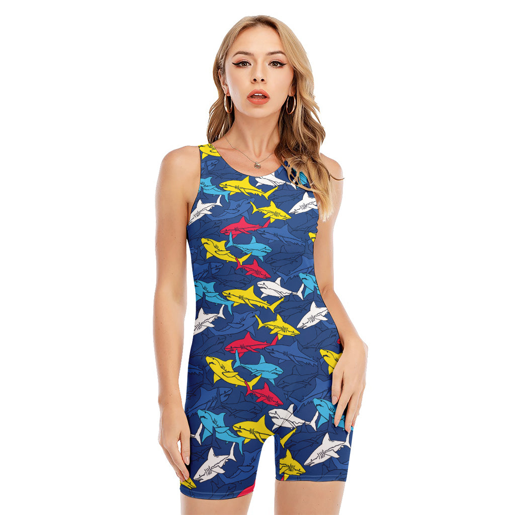 Doodle Shark Pattern Print Sleeveless One Piece Swimsuit