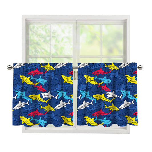 Doodle Shark Pattern Print Tier Curtains