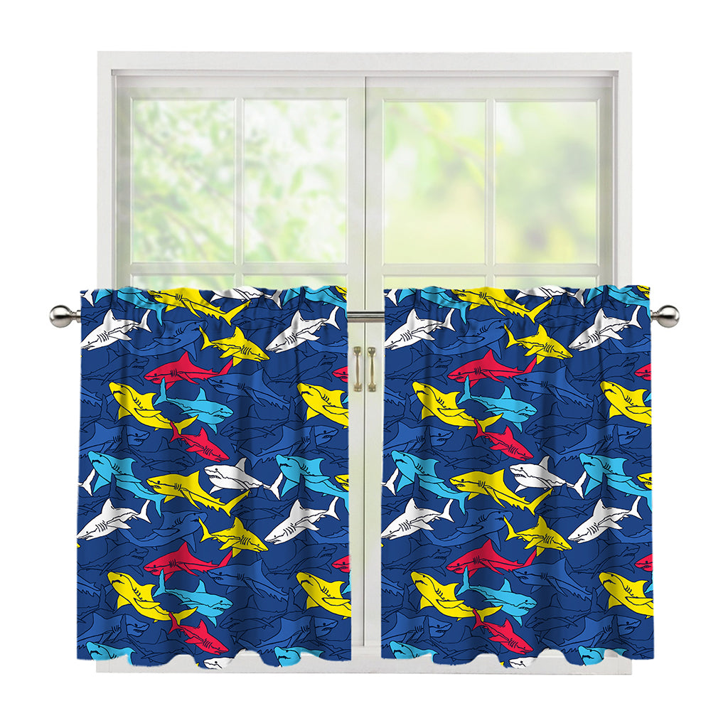 Doodle Shark Pattern Print Tier Curtains