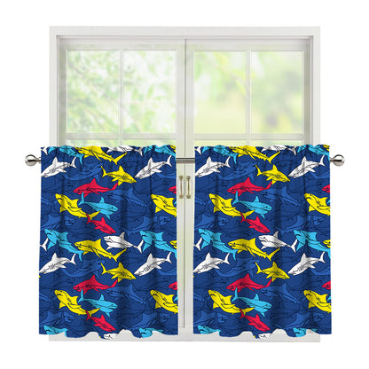 Doodle Shark Pattern Print Tier Curtains