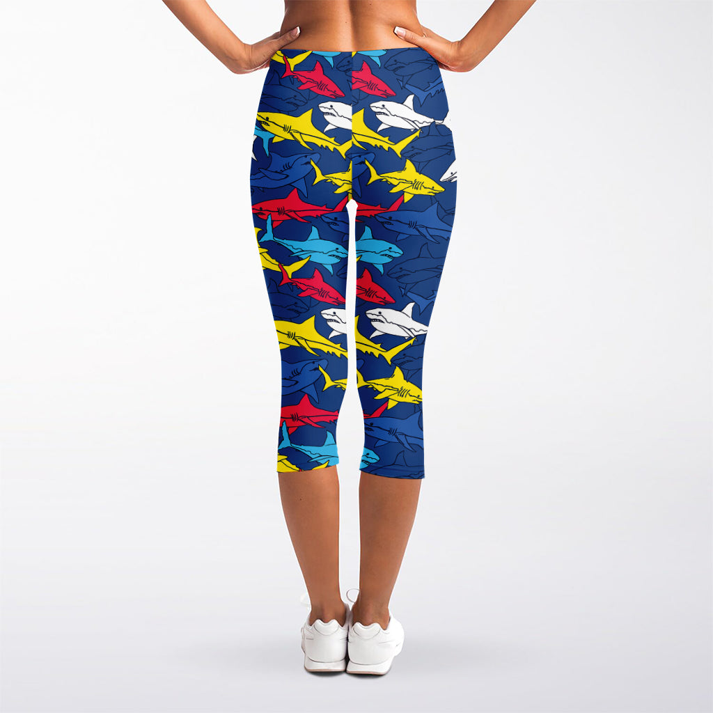 Doodle Shark Pattern Print Women's Capri Leggings