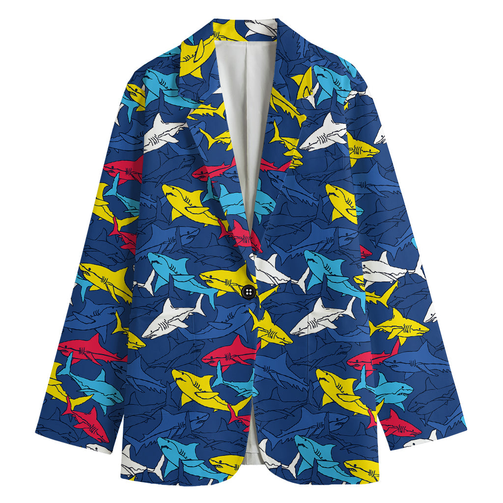 Doodle Shark Pattern Print Women's Cotton Blazer