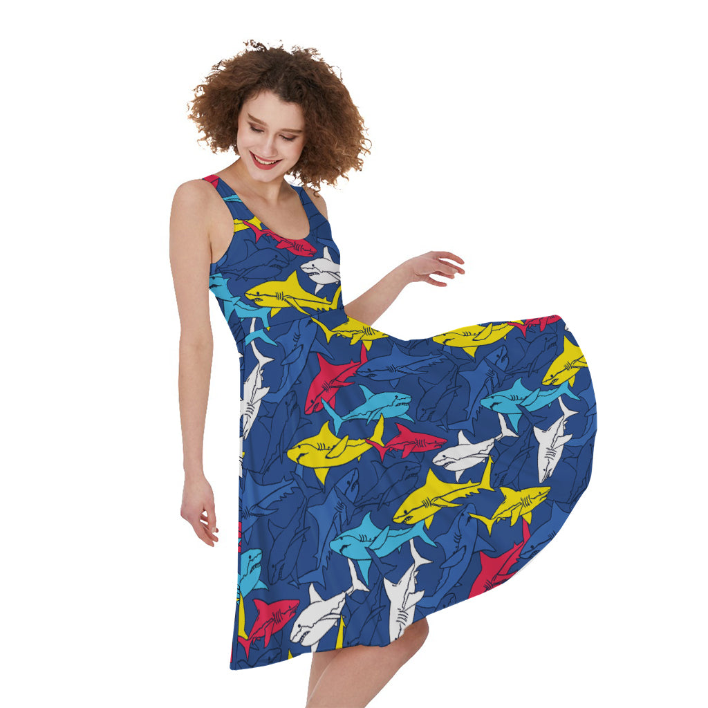 Doodle Shark Pattern Print Women's Sleeveless Dress