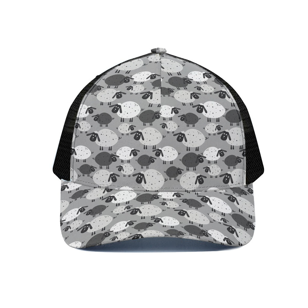 Doodle Sheep Pattern Print Black Mesh Trucker Cap