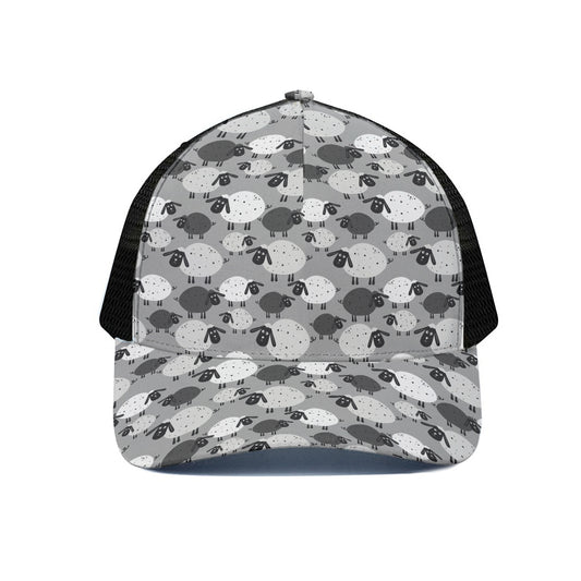 Doodle Sheep Pattern Print Black Mesh Trucker Cap