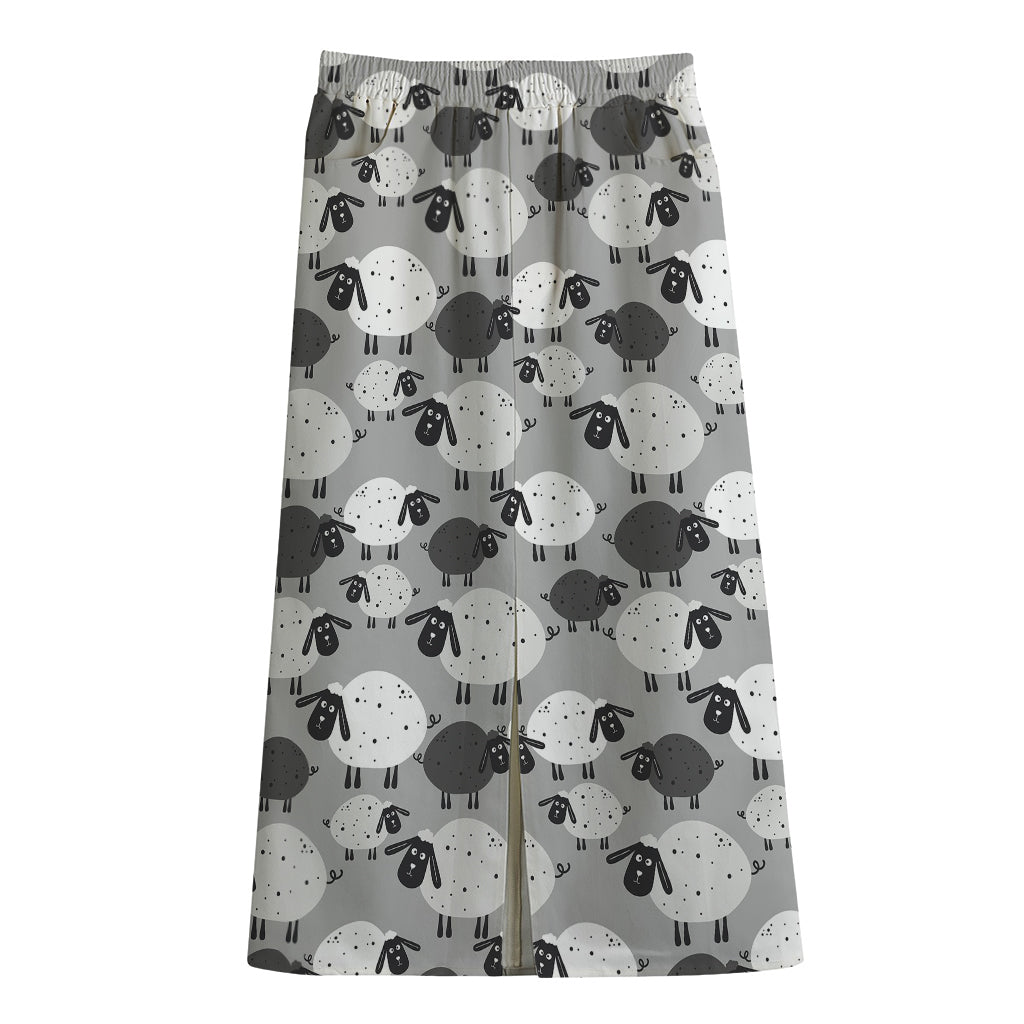 Doodle Sheep Pattern Print Cotton Front Slit Maxi Skirt