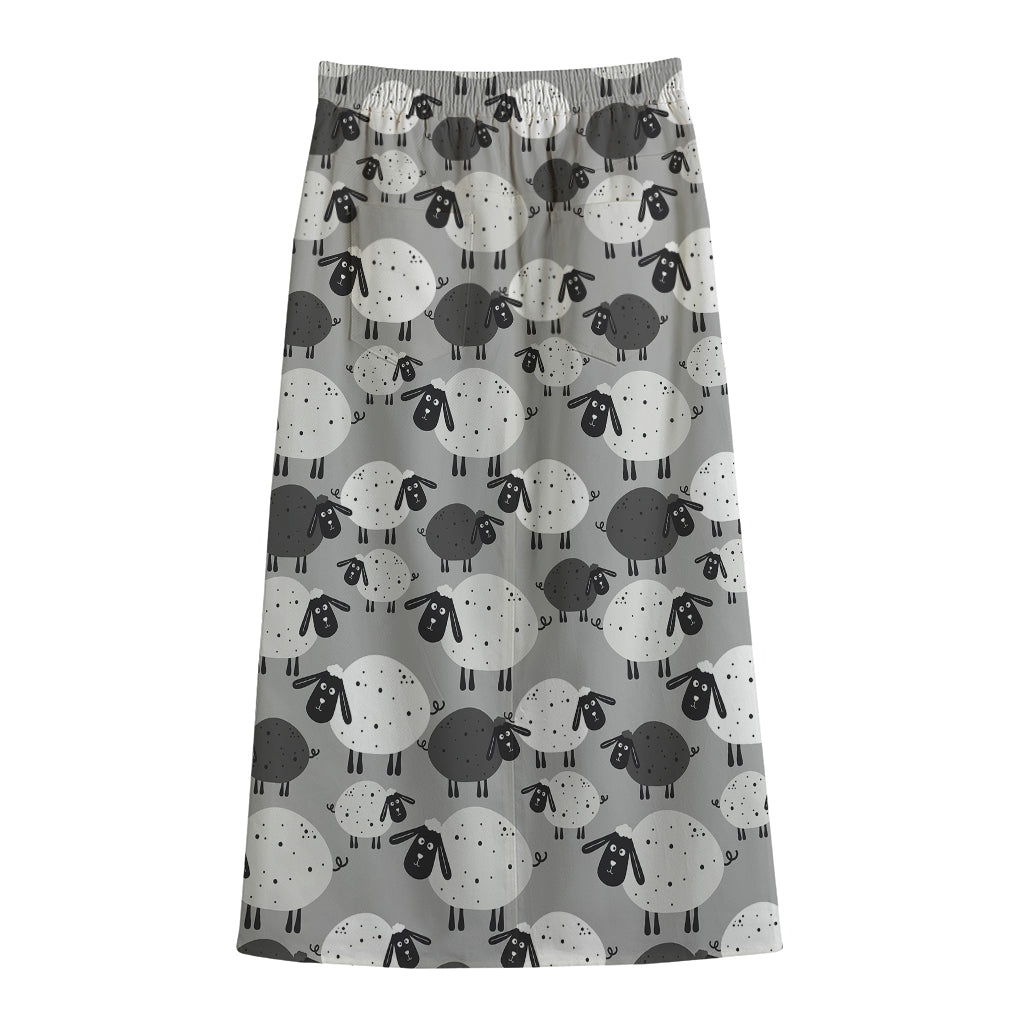 Doodle Sheep Pattern Print Cotton Front Slit Maxi Skirt