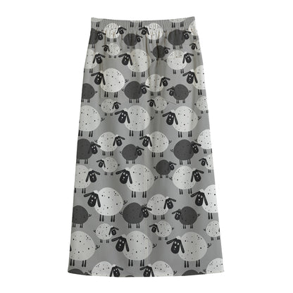 Doodle Sheep Pattern Print Cotton Front Slit Maxi Skirt