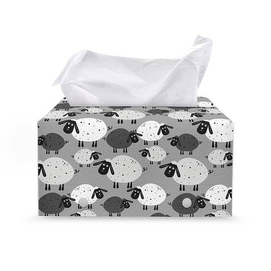 Doodle Sheep Pattern Print Leather Tissue Box Cover