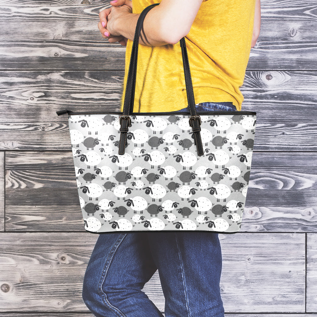 Doodle Sheep Pattern Print Leather Tote Bag