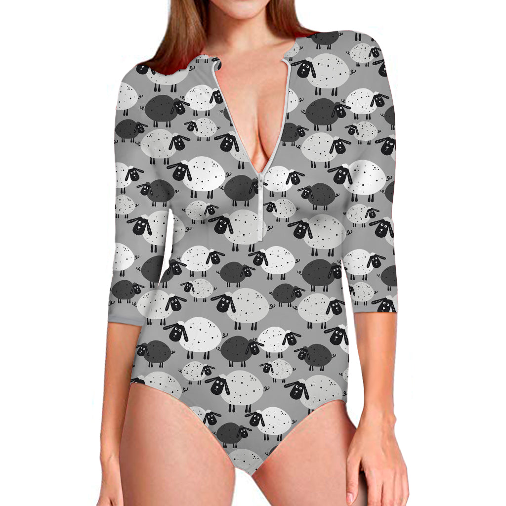 Doodle Sheep Pattern Print Long Sleeve Swimsuit