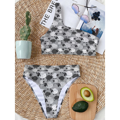Doodle Sheep Pattern Print One Shoulder Bikini Top