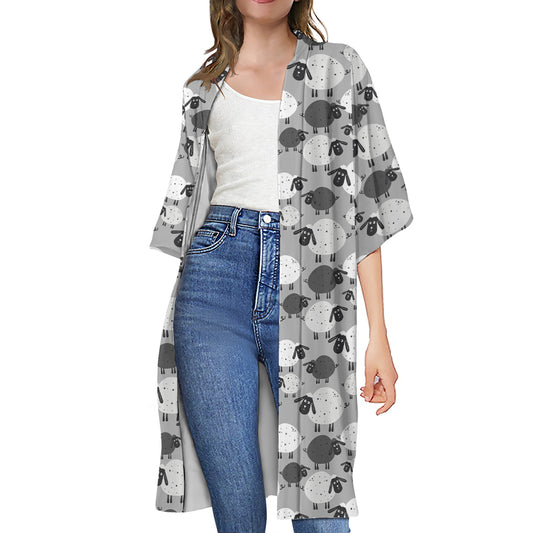 Doodle Sheep Pattern Print Open Front Beach Cover Up