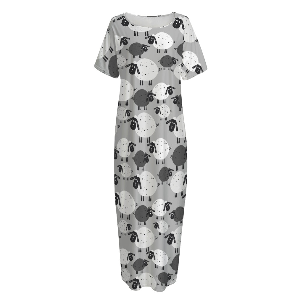 Doodle Sheep Pattern Print Short Sleeve Long Nightdress