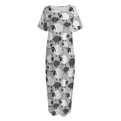 Doodle Sheep Pattern Print Short Sleeve Long Nightdress