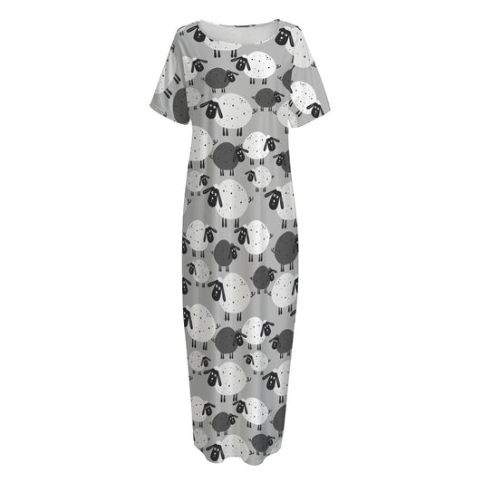 Doodle Sheep Pattern Print Short Sleeve Long Nightdress