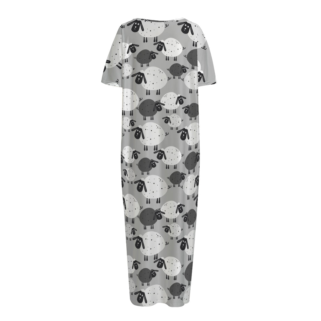 Doodle Sheep Pattern Print Short Sleeve Long Nightdress