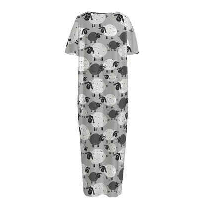 Doodle Sheep Pattern Print Short Sleeve Long Nightdress
