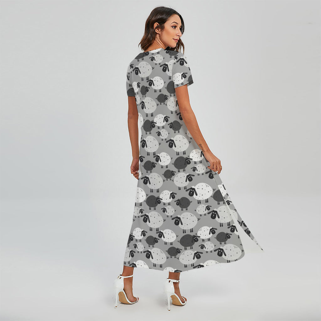 Doodle Sheep Pattern Print Short Sleeve Maxi Dress