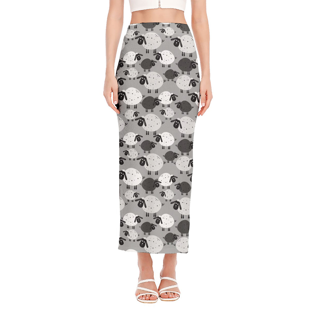 Doodle Sheep Pattern Print Side Slit Maxi Skirt