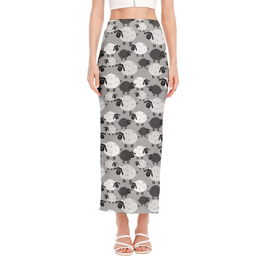 Doodle Sheep Pattern Print Side Slit Maxi Skirt