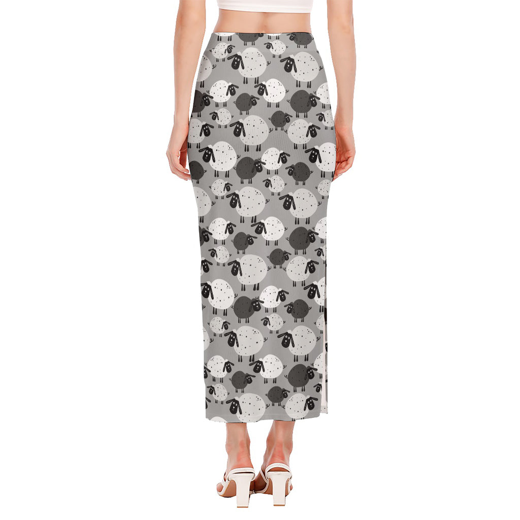 Doodle Sheep Pattern Print Side Slit Maxi Skirt