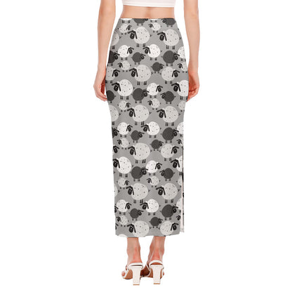 Doodle Sheep Pattern Print Side Slit Maxi Skirt