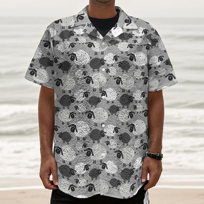 Doodle Sheep Pattern Print Textured Short Sleeve Shirt