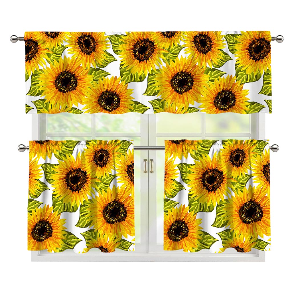 Doodle Sunflower Pattern Print 3 Piece Kitchen Curtains