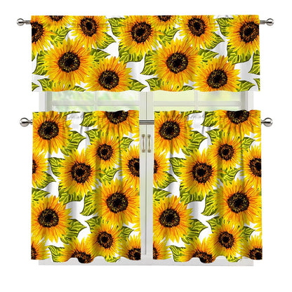 Doodle Sunflower Pattern Print 3 Piece Kitchen Curtains