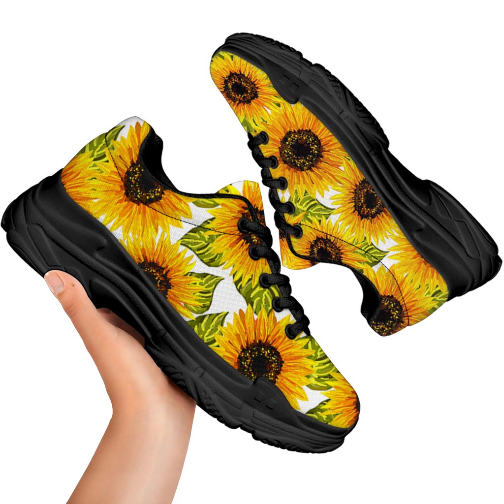 Doodle Sunflower Pattern Print Black Chunky Shoes