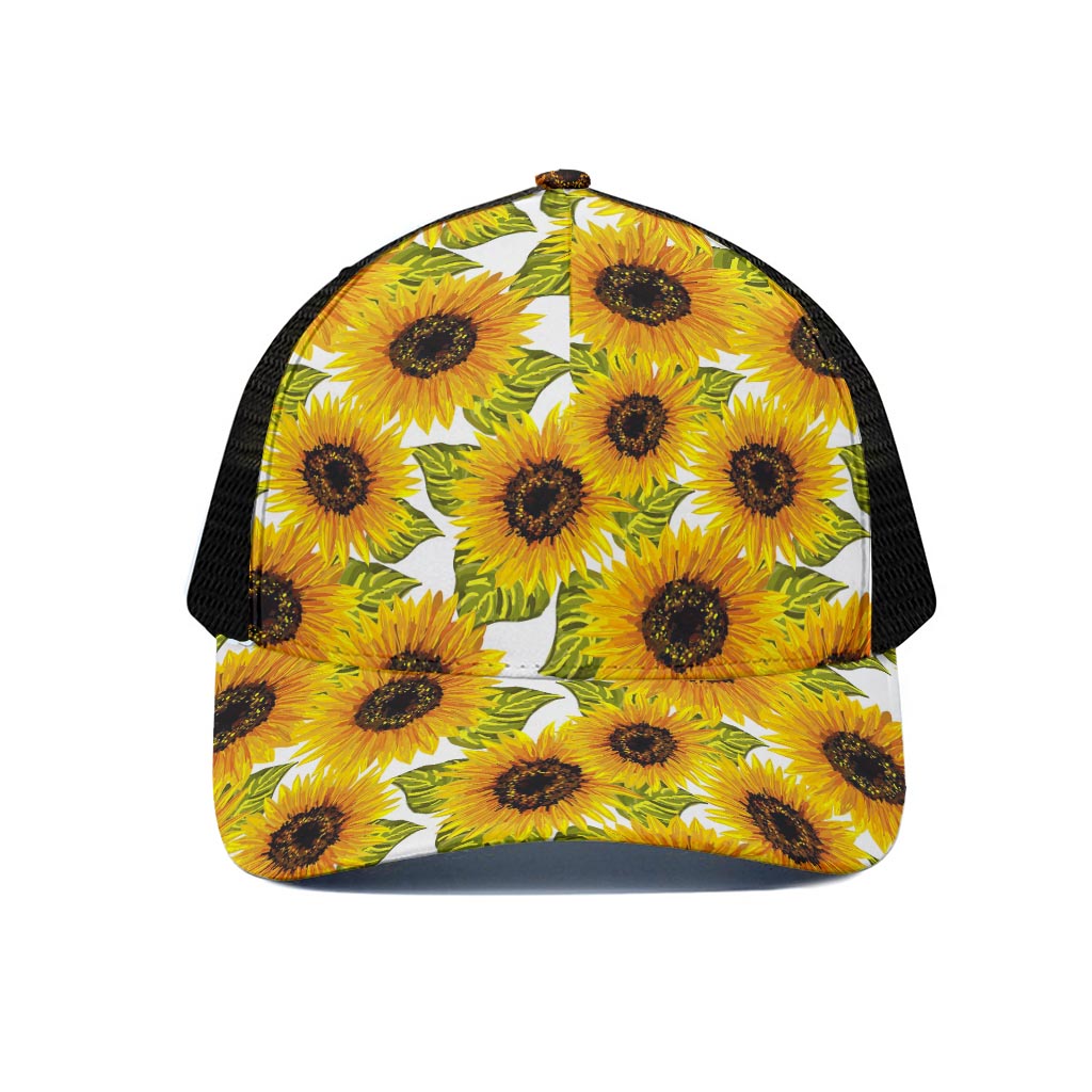 Doodle Sunflower Pattern Print Black Mesh Trucker Cap