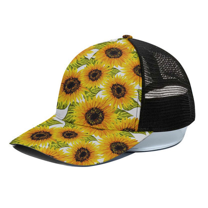 Doodle Sunflower Pattern Print Black Mesh Trucker Cap