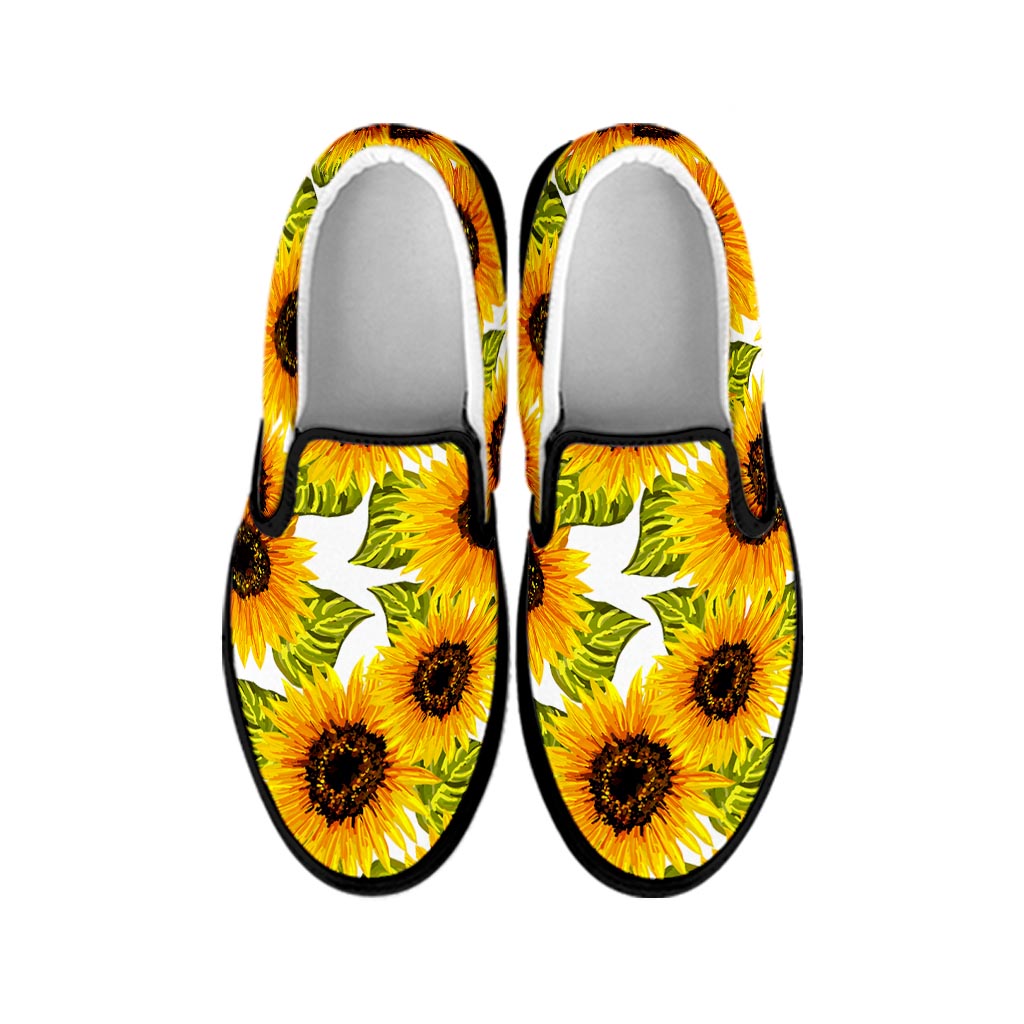 Doodle Sunflower Pattern Print Black Slip On Sneakers