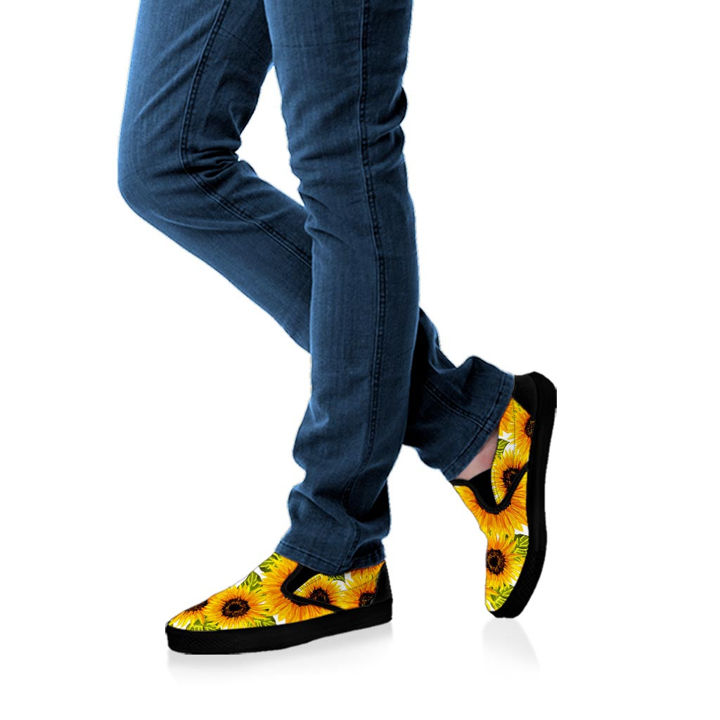 Doodle Sunflower Pattern Print Black Slip On Sneakers