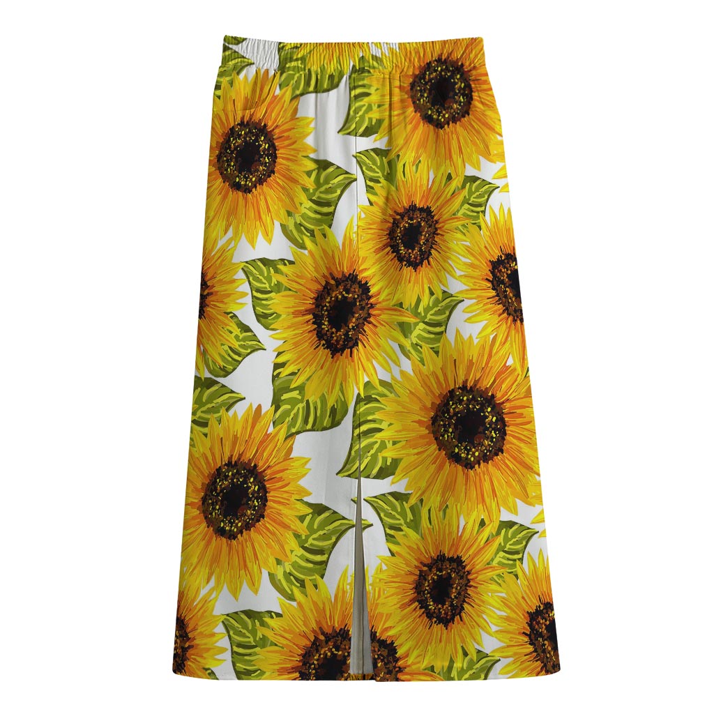Doodle Sunflower Pattern Print Cotton Front Slit Maxi Skirt