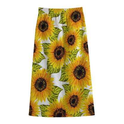 Doodle Sunflower Pattern Print Cotton Front Slit Maxi Skirt