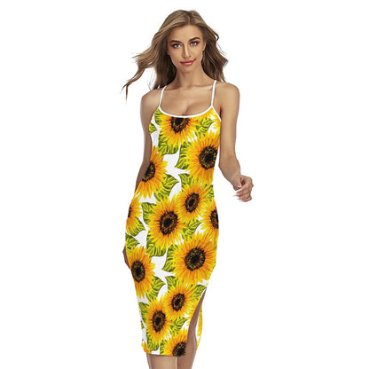Doodle Sunflower Pattern Print Cross Back Cami Dress
