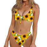 Doodle Sunflower Pattern Print Front Bow Tie Bikini