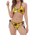 Doodle Sunflower Pattern Print Halter Scoop Tie Side Bikini