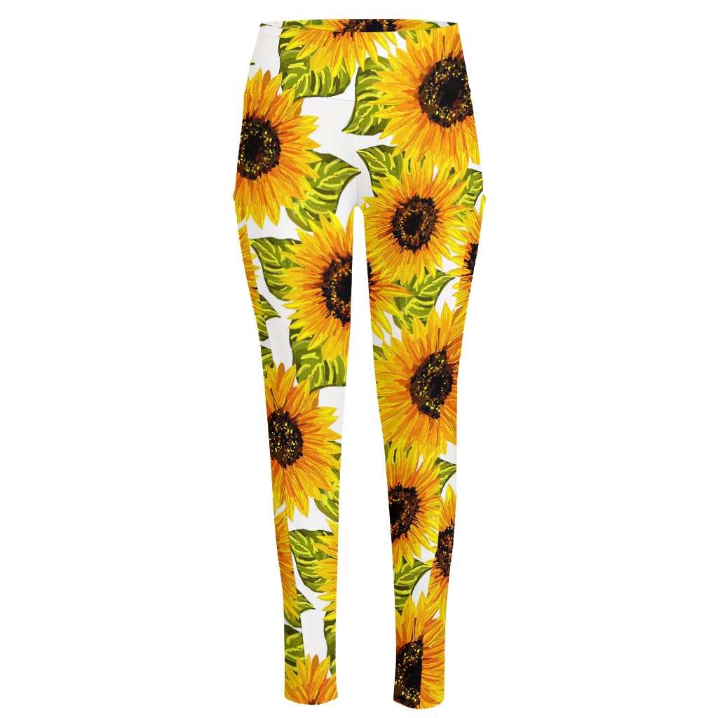 Doodle Sunflower Pattern Print High-Waisted Pocket Leggings