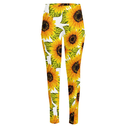 Doodle Sunflower Pattern Print High-Waisted Pocket Leggings